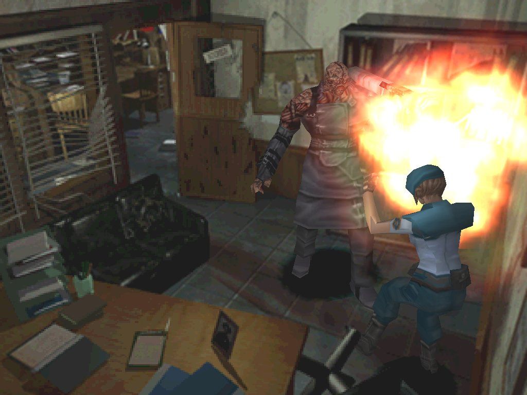 Resident Evil 3: Nemesis (Windows) screenshot: Nemesis fights with a rocket launcher, the ultimate weapon in the previous two games... note how this is the sample room you found Marvin in the previous game
