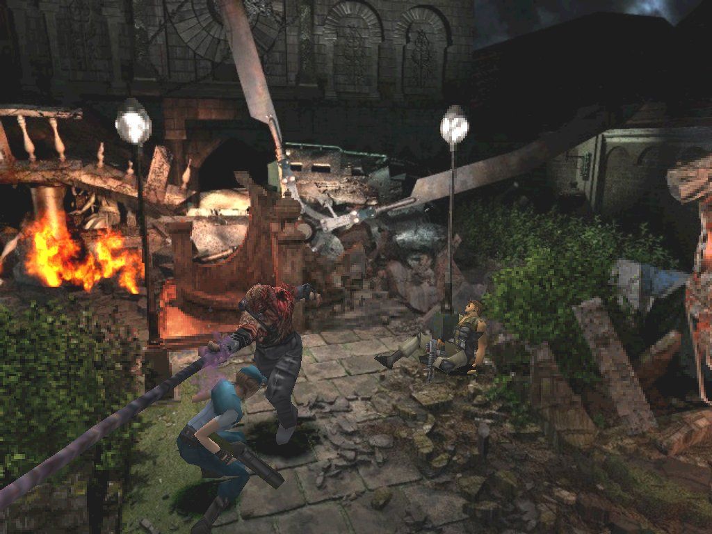 Resident Evil 3: Nemesis (Windows) screenshot: Jill and Carlos confront Nemesis at the destroyed Clock Tower. Nemesis thinks he's Simon Belmont, but Jill's new dodge move allows her to avoid his attacks