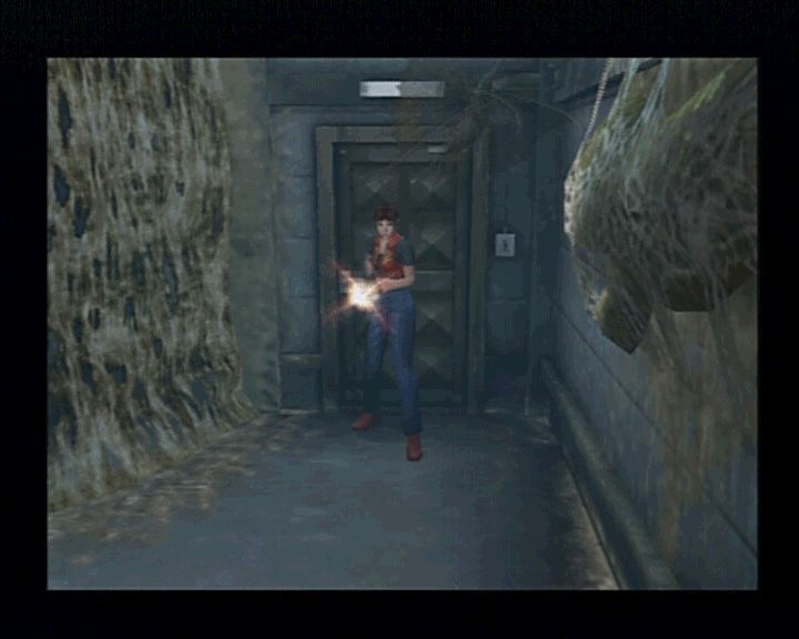 Resident Evil: Code: Veronica X (PlayStation 2) screenshot: Claire using machine gun against giant insects that respawn each time you enter this room. It may be wiser to just run pass them and save the ammo, though.