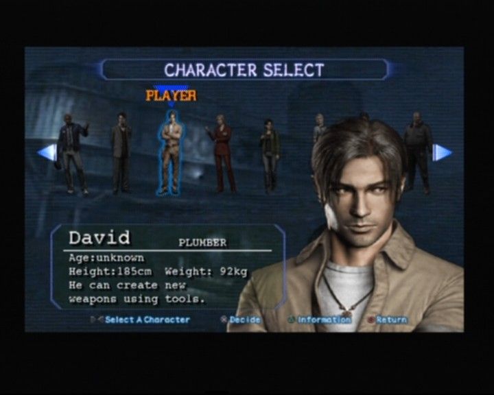 Resident Evil: Outbreak (PlayStation 2) screenshot: Character selection, David