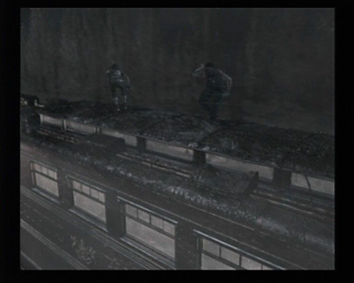 Resident Evil 0 (GameCube) screenshot: Walking on the train roof while the rain is raging outside. The effect and character movement in this particular scene is amazing and taken care with lots of details.