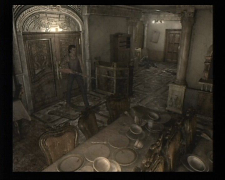 Resident Evil 0 (GameCube) screenshot: Now, who forgot to wash the dishes!? I'm not joking!