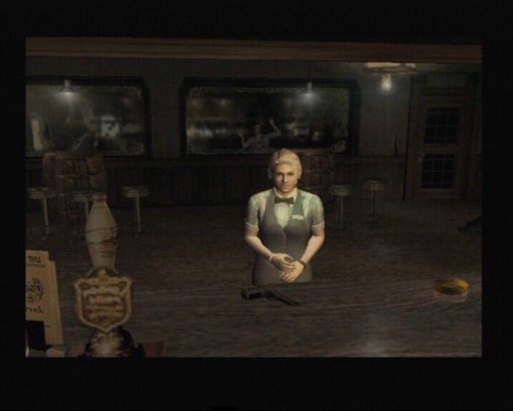 Resident Evil: Outbreak (PlayStation 2) screenshot: Playing as Cindy... that looks like a handy gun there on the counter