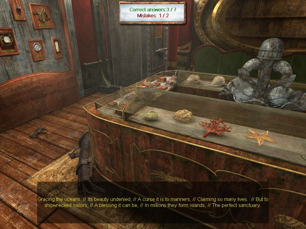Return to Mysterious Island (Windows) screenshot: To solve the game, you must answer 6 out of 7 riddles correctly.