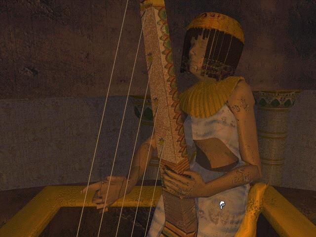 Riddle of the Sphinx: An Egyptian Adventure (Windows) screenshot: Somehow you must "wake up" this ancient stone harpist so she will play