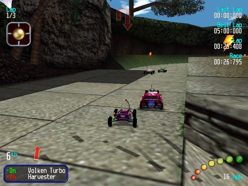 Re-Volt (Windows) screenshot: Not your daddy's RC. Race occur in varied terrain, from botanical gardens to grocery stores.