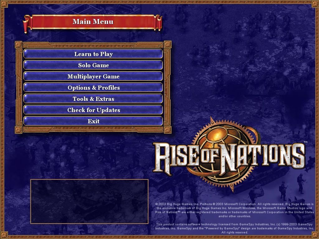 Rise of Nations (Windows) screenshot: Main Menu.