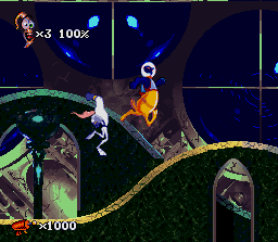 Earthworm Jim 2 (SNES) screenshot: Catch the Psy-Crow now!