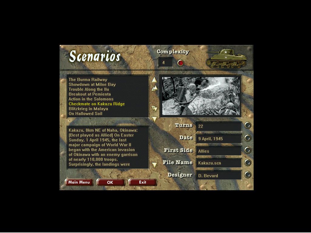 TalonSoft's Rising Sun (Windows) screenshot: Choose a scenario (most are real battles)