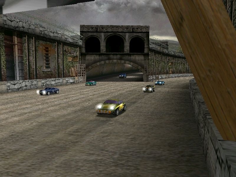 Road Wars (Windows) screenshot: A pre-race line-up on the colosseum track.