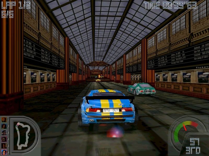 Road Wars (Windows) screenshot: Some tracks have claustrophobic indoor legs such as this ride through a train station.
