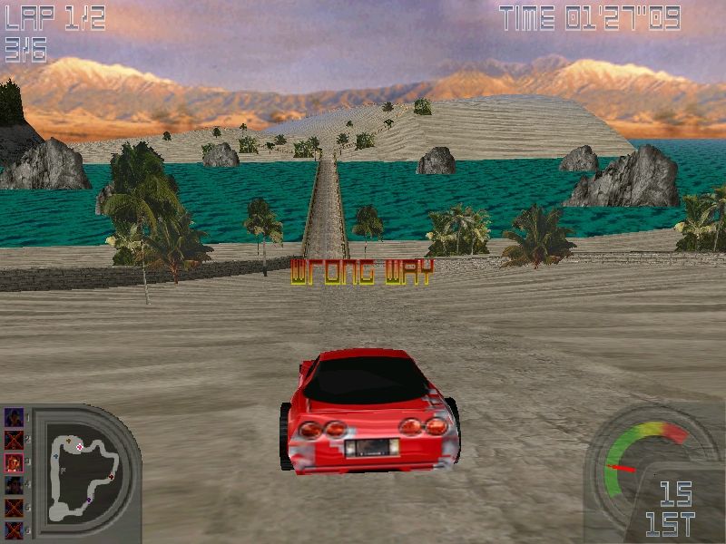 Road Wars (Windows) screenshot: Wrong way? Oh, they must think I'm trying to AVOID a head on collision on this narrow bridge.