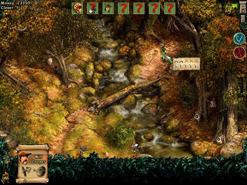 Robin Hood: The Legend of Sherwood (Windows) screenshot: While in Sherwood forest, you can check each of your character's skills by mouse-overing him