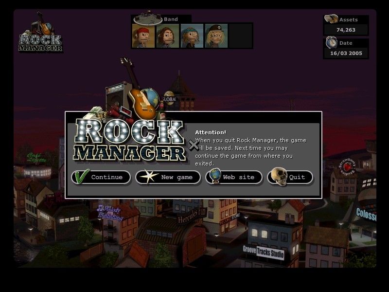 Rock Manager (Windows) screenshot: The first menu you will see