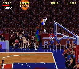 NBA Jam (SNES) screenshot: Hey? Is that ball on fire!?