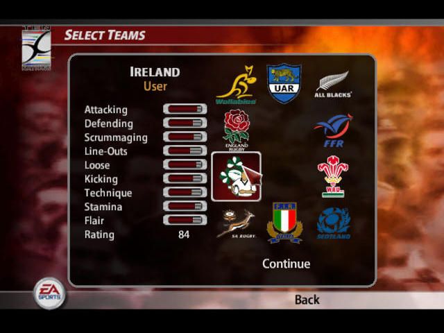 Rugby 2005 (Windows) screenshot: Selecting teams for a tournament.