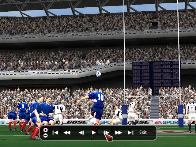 Rugby 2005 (Windows) screenshot: France vs. Scotland: replay of Michalak attempting a drop goal.