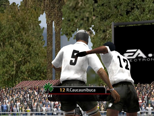 Rugby 2005 (Windows) screenshot: Fiji vs. Samoa: Caucaunibuca celebrates his try with Naevo.