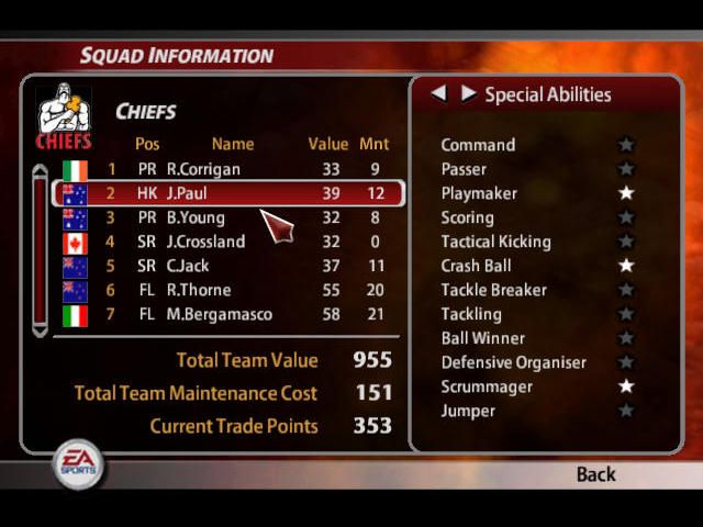 Rugby 2005 (Windows) screenshot: Viewing a squad in World League mode.
