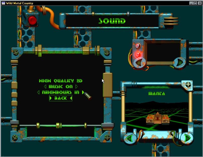 Wild Metal Country (Windows) screenshot: Adjusting sound level and bass with the neighbours in/out option :-)