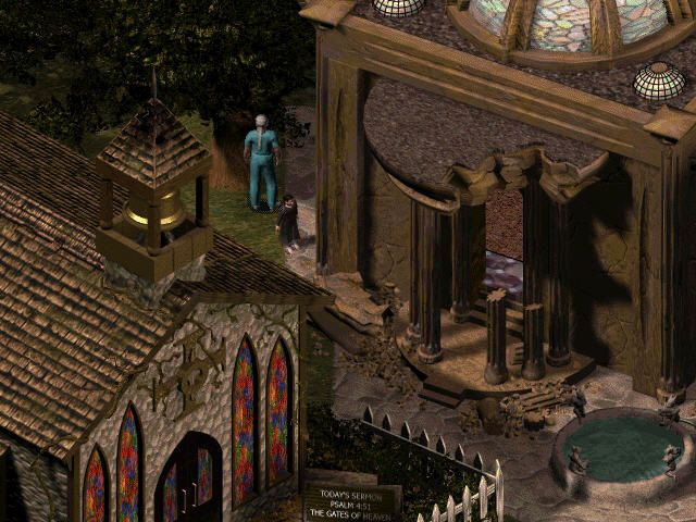 Sanitarium (Windows) screenshot: Town hall and church