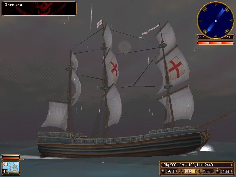 Sea Dogs (Windows) screenshot: Rough sailing. Weather patterns ranging from windless doldrums to hurricane-like storms will test your sailing ability.