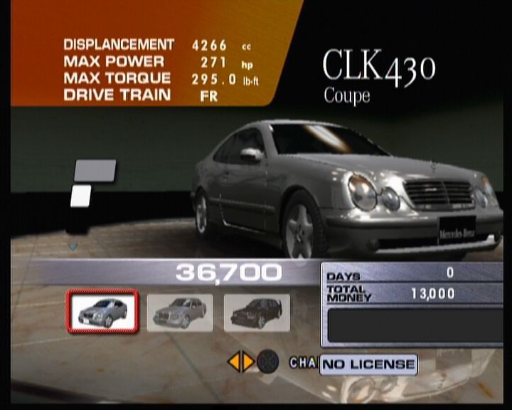 Sega GT 2002 (Xbox) screenshot: When you start a so-called campaign, you won't be able to buy better and more expensive cars at first.