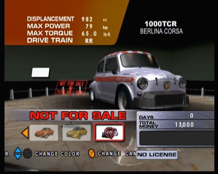 Sega GT 2002 (Xbox) screenshot: On the other hand, some older cars are not for sale, probably store ran out of stock at the moment.