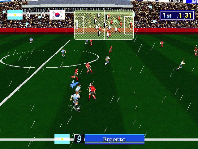 Sega Worldwide Soccer '97 (Windows) screenshot: In-game (side scrolling view)