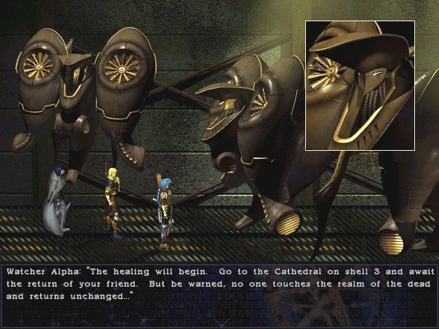 Septerra Core: Legacy of the Creator (Windows) screenshot: Chatting with the Watchers, giant floating overdeveloped hairdryers