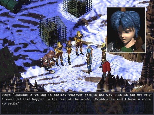 Septerra Core: Legacy of the Creator (Windows) screenshot: Chatting with some allies in a snow field. Dig the cool weather effects