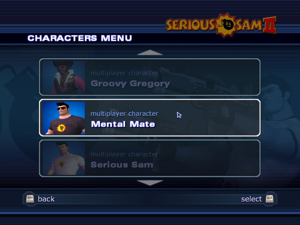 Serious Sam II (Windows) screenshot: Character model selection screen. You can pick a groovy guy with an afro hairstyle if you like.