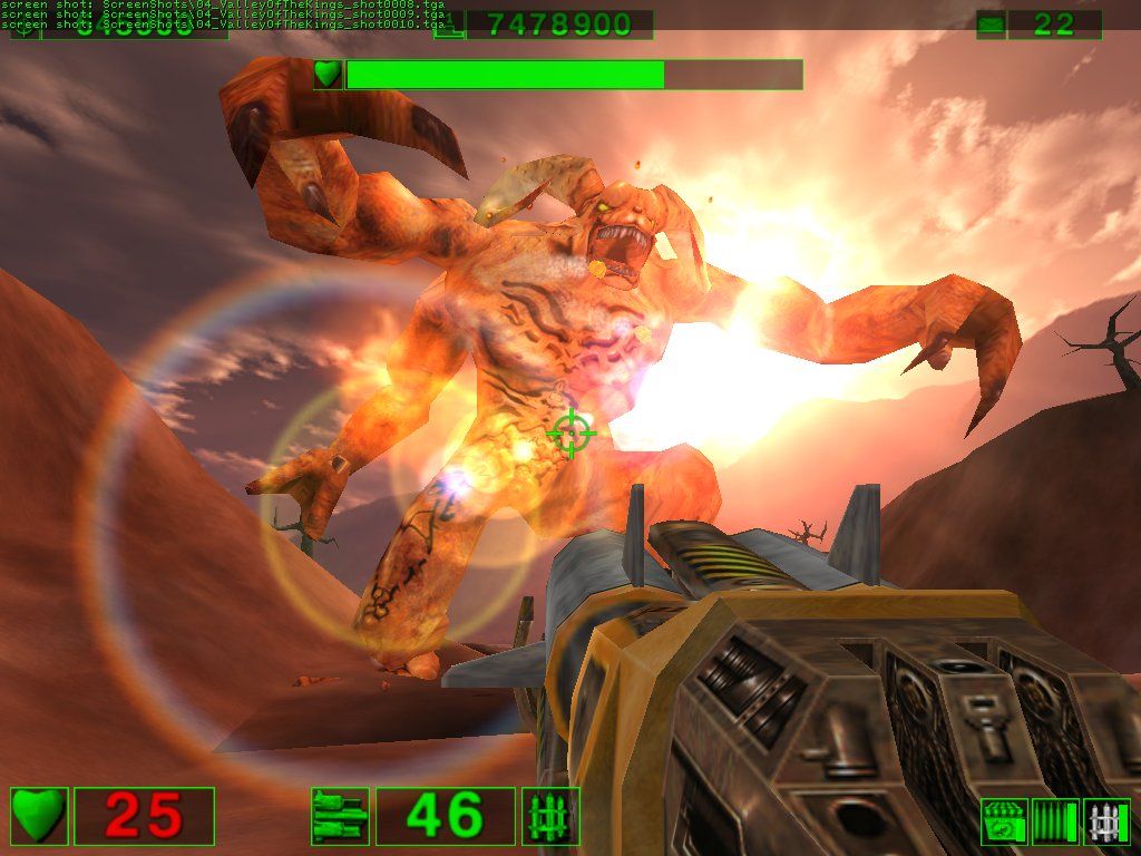 Serious Sam: The First Encounter (Windows) screenshot: A massive monster blocks out the sun... and this guy's just the FIRST boss...