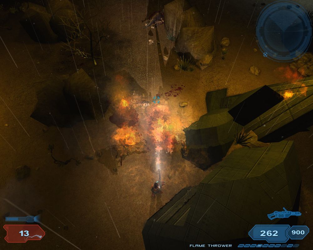 Shadowgrounds (Windows) screenshot: Eliminating aliens near the Provectus crash site.