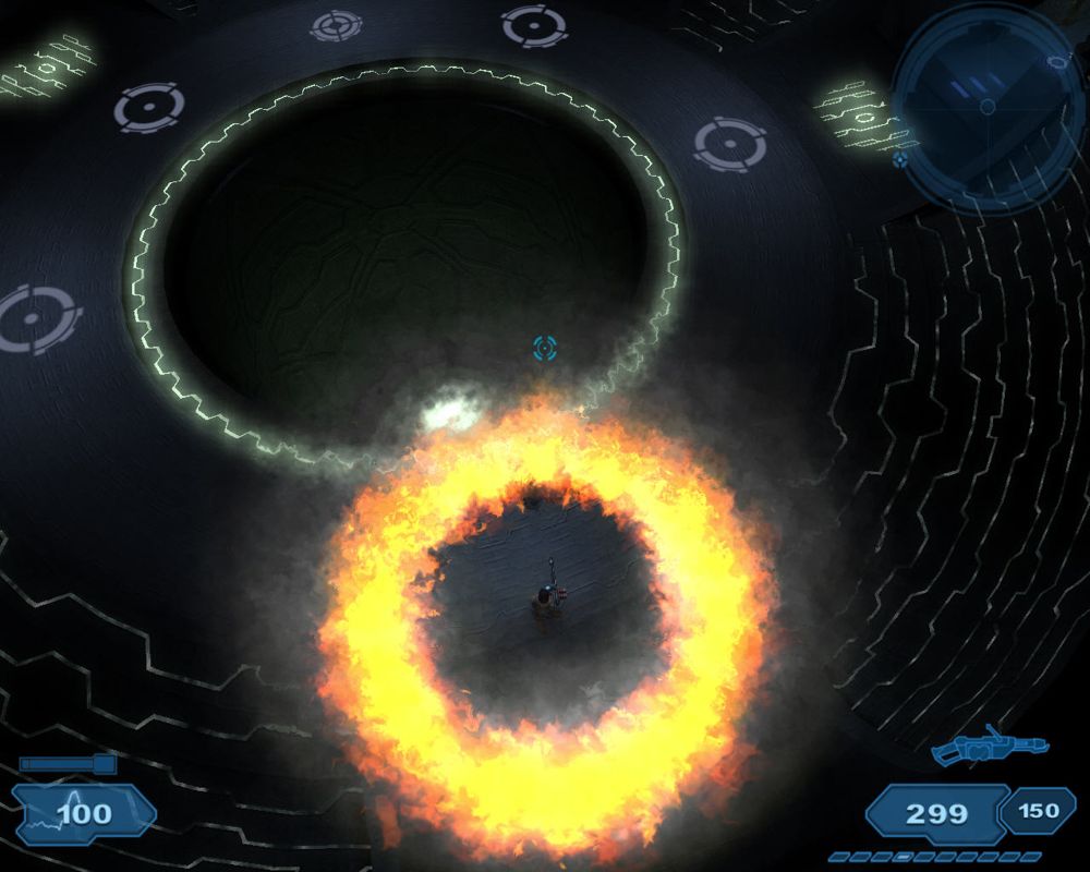 Shadowgrounds (Windows) screenshot: With the Flame Traps upgrade, you can make the Fire Wall.