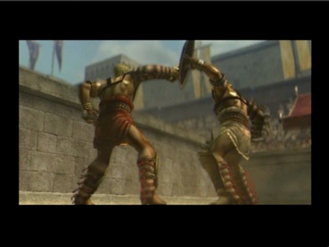 Shadow of Rome (PlayStation 2) screenshot: Gladiators fight for the amusement of the crowd.