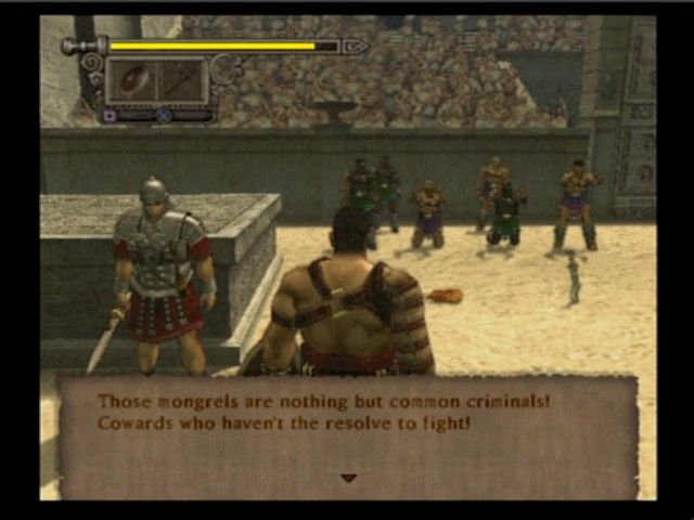Shadow of Rome (PlayStation 2) screenshot: A Roman guard tells you to kill all the criminals in the arena (you can't attack the guard, though).
