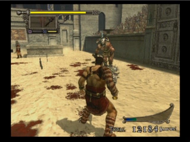 Shadow of Rome (PlayStation 2) screenshot: Boss battle... only one will leave this sand pit alive.