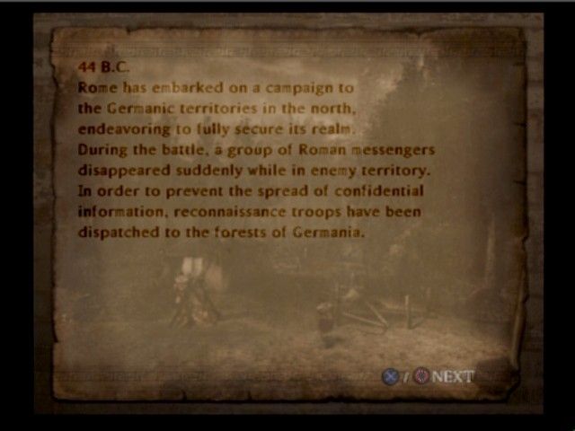 Shadow of Rome (PlayStation 2) screenshot: Chapter info giving you some general clues and pointers.