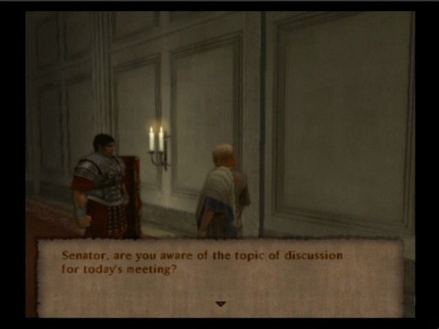 Shadow of Rome (PlayStation 2) screenshot: Octavianus is trying to talk his way out, while disguised as the senator.