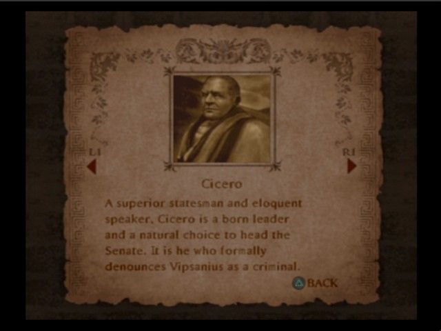 Shadow of Rome (PlayStation 2) screenshot: The info sheet of the characters you meet in the game expands as the story unfolds.