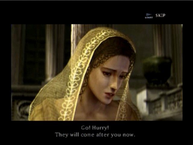 Shadow of Rome (PlayStation 2) screenshot: Agrippa trying to save his mother... notice you can only skip cinematics if you already passed that point in the game.