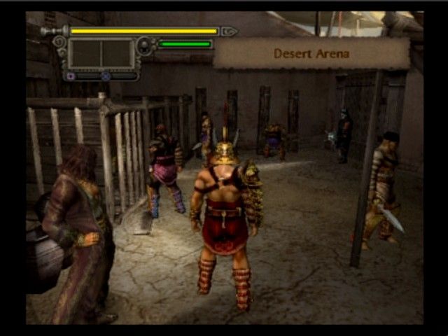 Shadow of Rome (PlayStation 2) screenshot: You can talk to your comrades and choose a weapon prior to entering the arena.