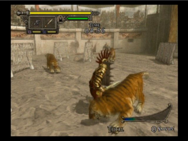 Shadow of Rome (PlayStation 2) screenshot: Fighting tigers and a gladiator at the same time.