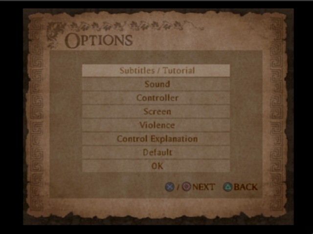 Shadow of Rome (PlayStation 2) screenshot: Options screen