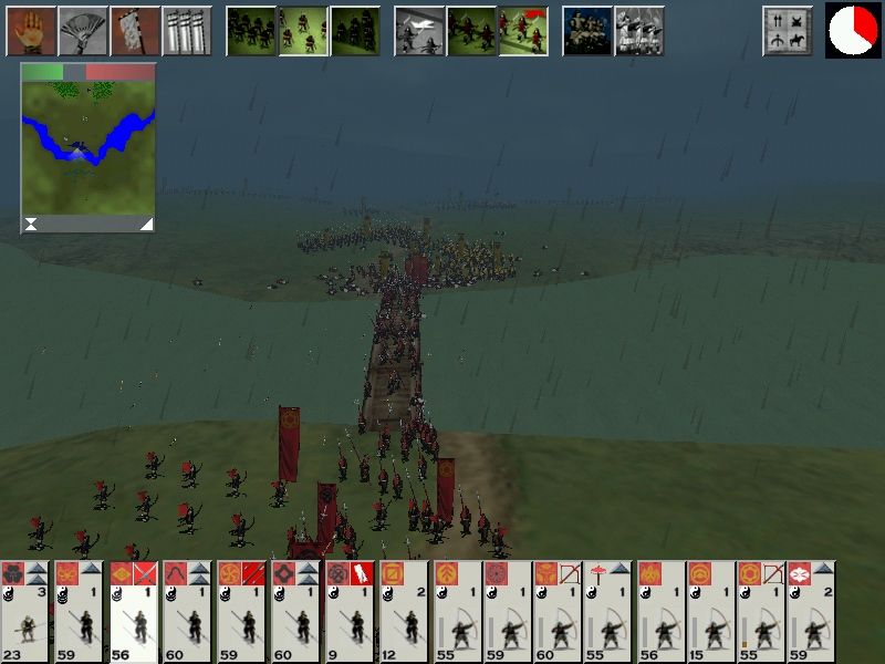Shogun: Total War (Windows) screenshot: Attacking across a bridge in a heavy thunderstorm