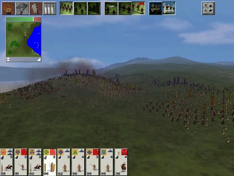 Shogun: Total War - Warlord Edition (Windows) screenshot: A great battle scene. You can see a new special effect: dust being thrown in the air from marching troops.