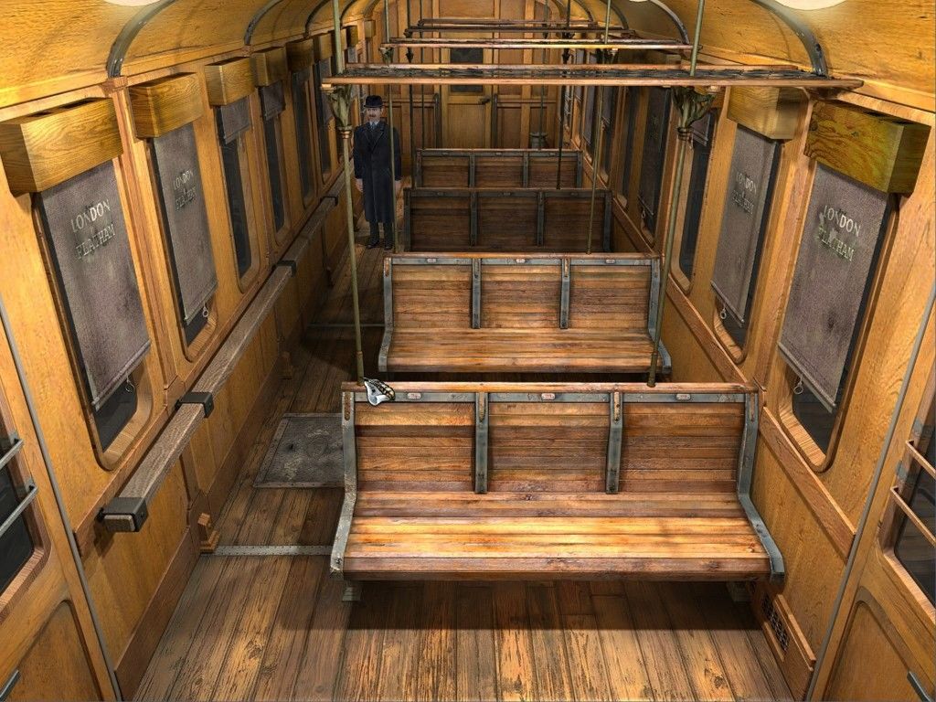 Sherlock Holmes: Secret of the Silver Earring (Windows) screenshot: Watson looking for some clues inside the passenger wagon