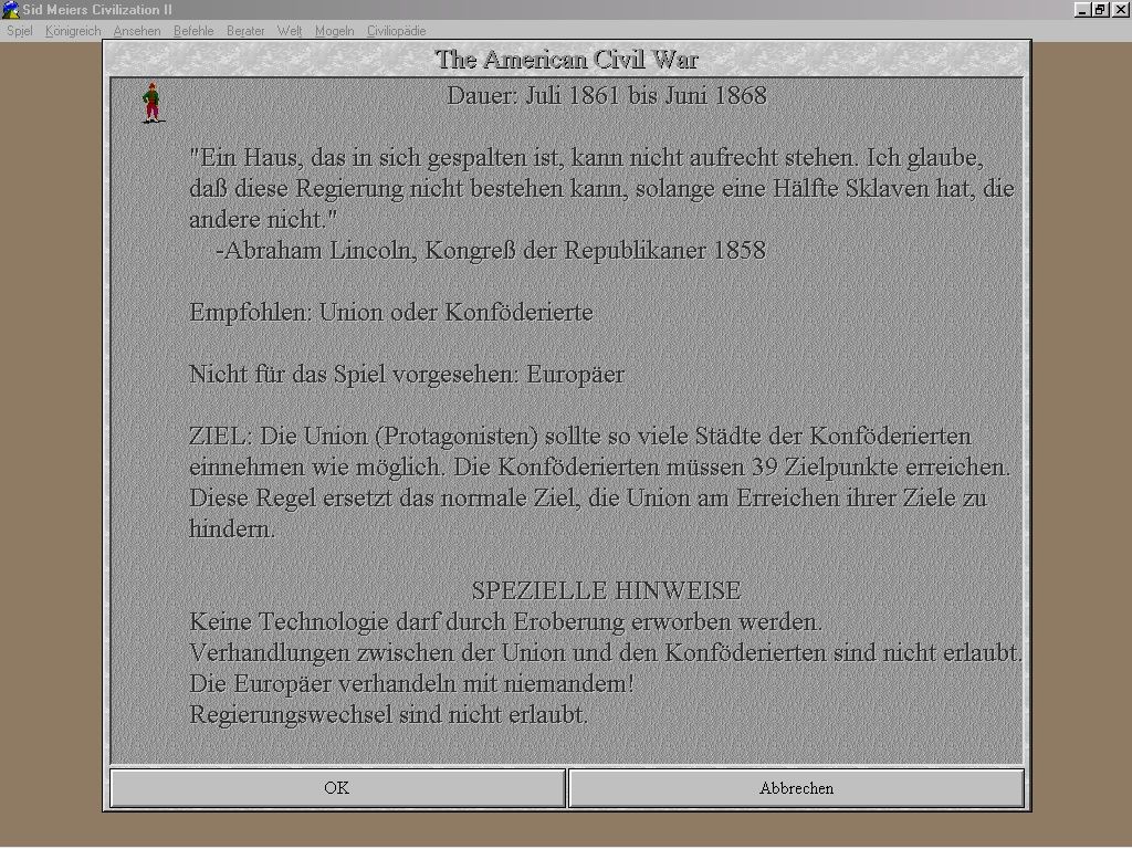 Sid Meier's Civilization II Scenarios: Conflicts in Civilization (Windows 3.x) screenshot: American Civil War scenario (briefing in German)