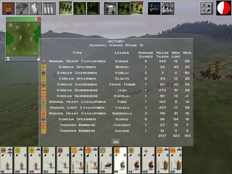 Shogun: Total War - Warlord Edition (Windows) screenshot: The Mongol troops can be far superior to the Japanese, and can run up huge kill scores!